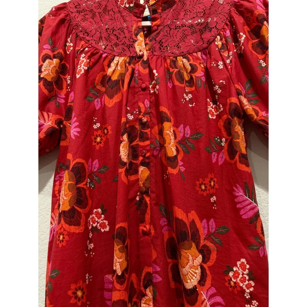 Farm Rio Floral Lace Blouse Red XS Puff Sleeve Button up Boho Lightweight Cotton